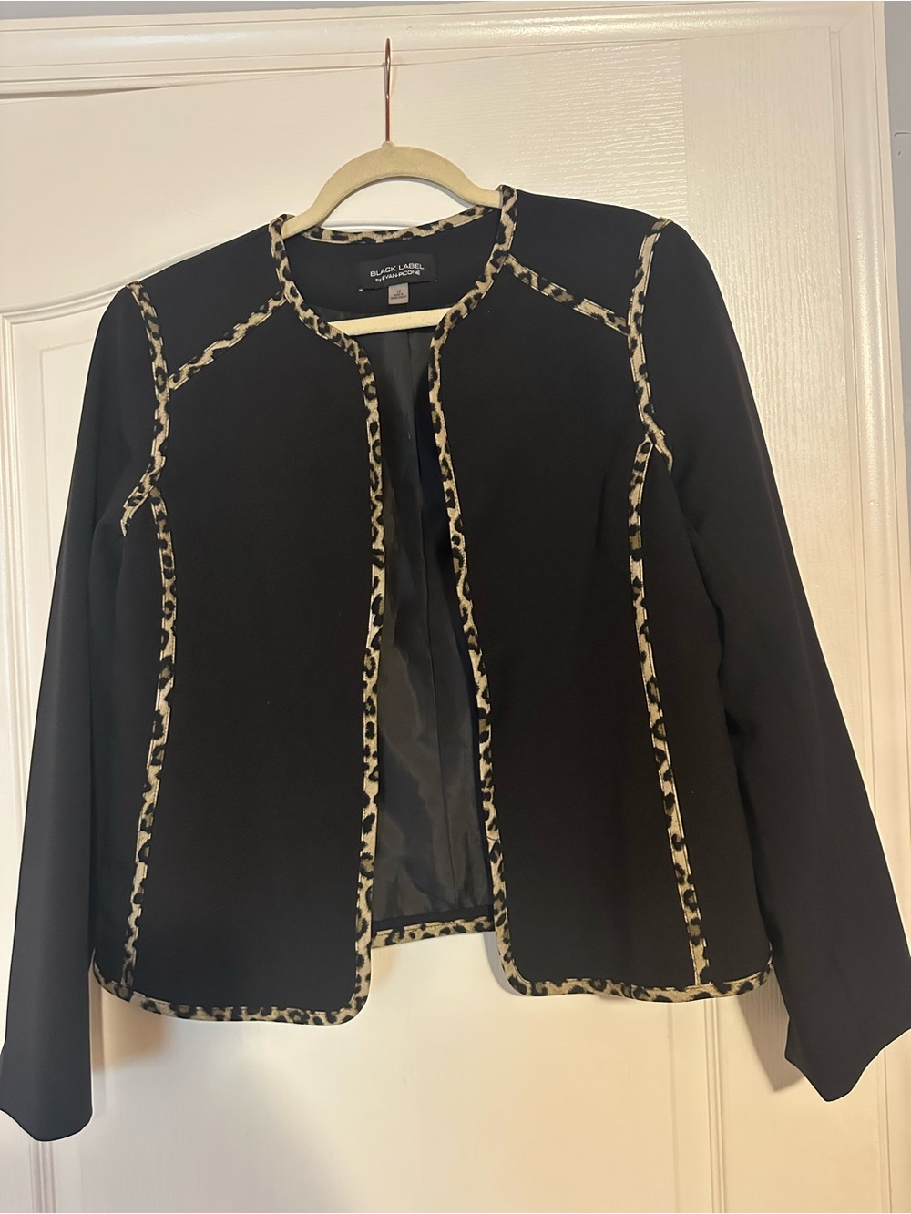 Black Label Evan-Picone Black Blazer Leopard Trim Open Front Size 12